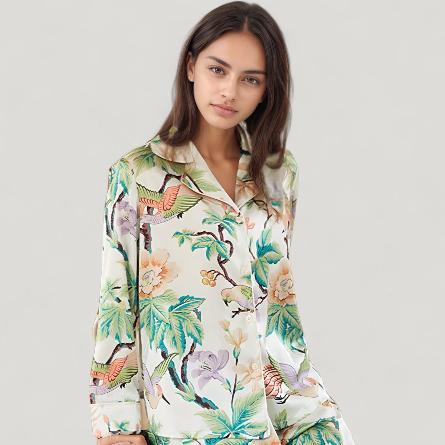 Anna-Kaci Lounge Women's Bird and Floral Print Pajama Set with Button Down Long Sleeve Top and Relaxed Fit Woven Pants