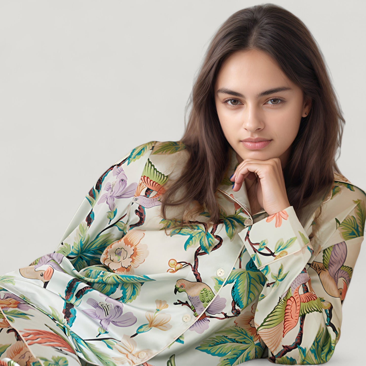 Anna-Kaci Lounge Women's Bird and Floral Print Pajama Set with Button Down Long Sleeve Top and Relaxed Fit Woven Pants