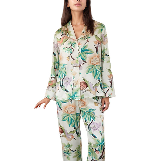 Anna-Kaci Lounge Women's Bird and Floral Print Pajama Set with Button Down Long Sleeve Top and Relaxed Fit Woven Pants