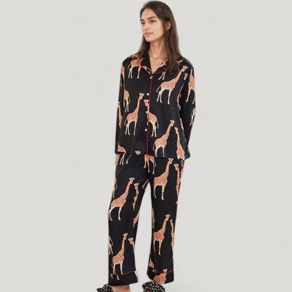 Anna-Kaci Lounge Women's Giraffe Print Pajama Set with Long Sleeve Button Down Top and Relaxed Fit Woven Pants