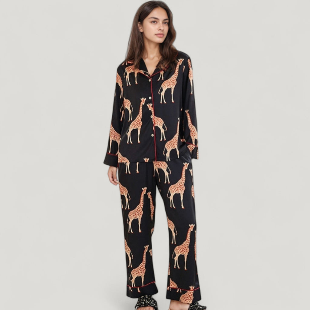 Anna-Kaci Lounge Women's Giraffe Print Pajama Set with Long Sleeve Button Down Top and Relaxed Fit Woven Pants