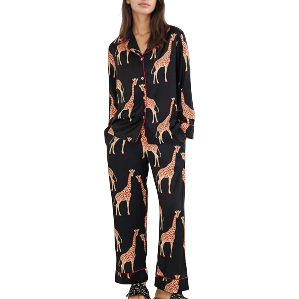 Anna-Kaci Lounge Women's Giraffe Print Pajama Set with Long Sleeve Button Down Top and Relaxed Fit Woven Pants