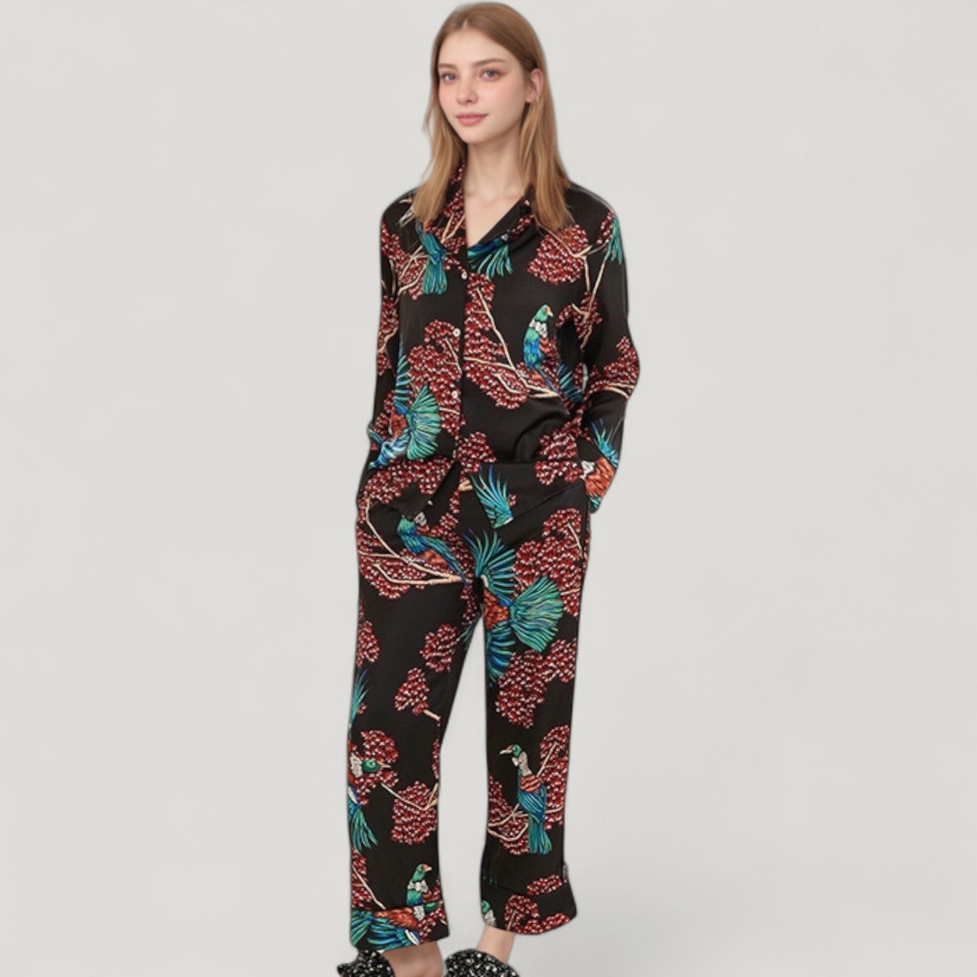 Anna-Kaci Lounge Women's Woven Two-Piece Pajama Set with Tropical Bird and Botanical Print Long Sleeve Top and Relaxed Fit Pants