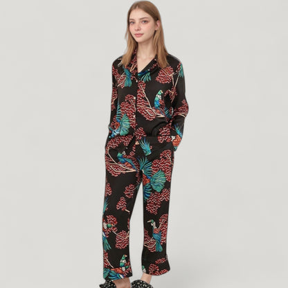 Anna-Kaci Lounge Women's Woven Two-Piece Pajama Set with Tropical Bird and Botanical Print Long Sleeve Top and Relaxed Fit Pants