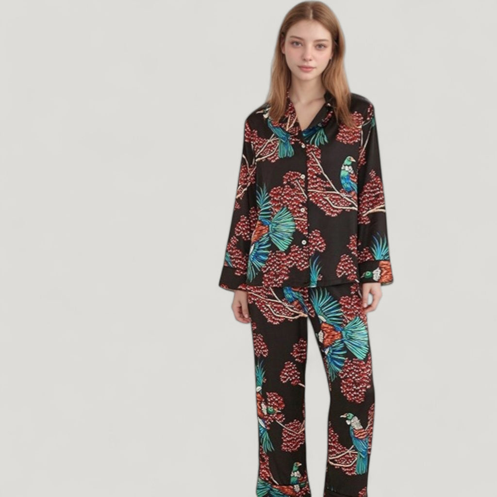Anna-Kaci Lounge Women's Woven Two-Piece Pajama Set with Tropical Bird and Botanical Print Long Sleeve Top and Relaxed Fit Pants