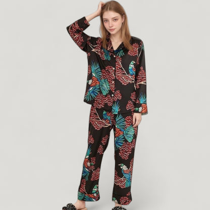 Anna-Kaci Lounge Women's Woven Two-Piece Pajama Set with Tropical Bird and Botanical Print Long Sleeve Top and Relaxed Fit Pants