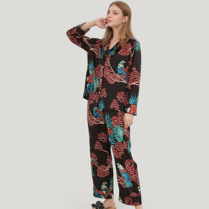Anna-Kaci Lounge Women's Woven Two-Piece Pajama Set with Tropical Bird and Botanical Print Long Sleeve Top and Relaxed Fit Pants