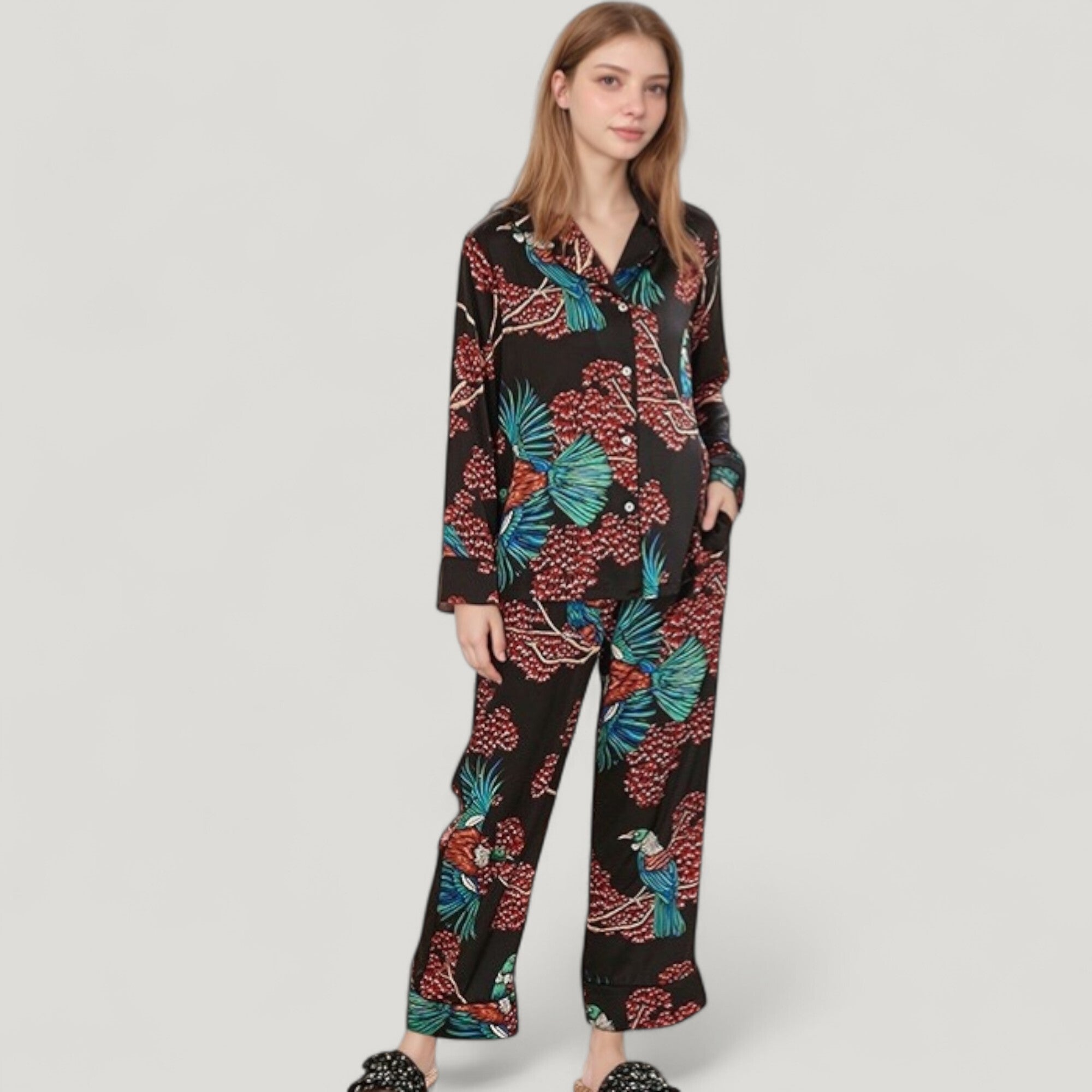 Anna-Kaci Lounge Women's Woven Two-Piece Pajama Set with Tropical Bird and Botanical Print Long Sleeve Top and Relaxed Fit Pants