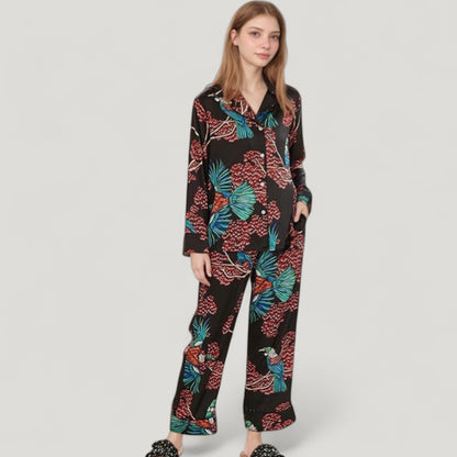Anna-Kaci Lounge Women's Woven Two-Piece Pajama Set with Tropical Bird and Botanical Print Long Sleeve Top and Relaxed Fit Pants