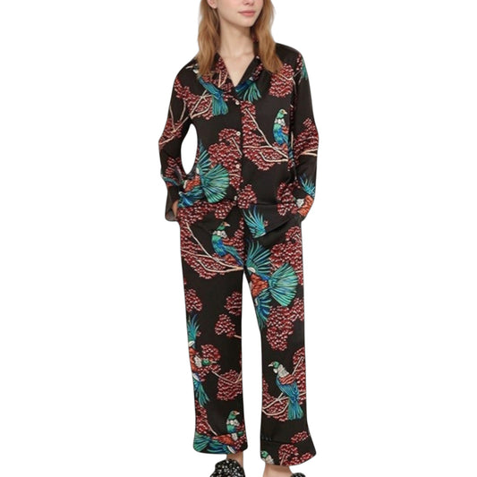 Anna-Kaci Lounge Women's Woven Two-Piece Pajama Set with Tropical Bird and Botanical Print Long Sleeve Top and Relaxed Fit Pants