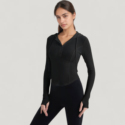 Anna-Kaci Active Women's Long Sleeve Pullover Hoodie Top with Half Zip Front and Thumbhole Cuffs
