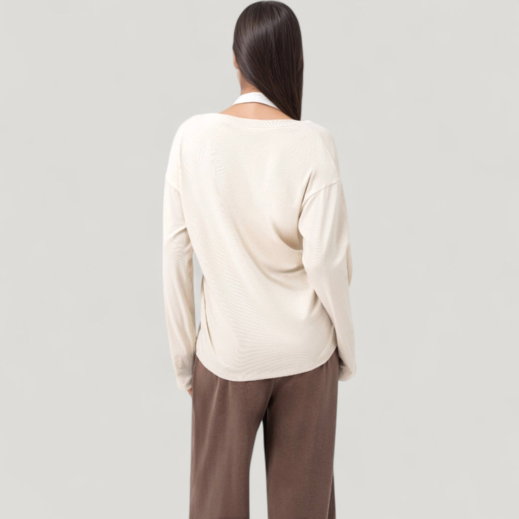 Anna-Kaci Active Women's Long Sleeve V-Neck Pullover Top with Relaxed Fit and Drop Shoulder Design