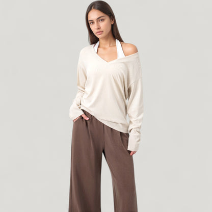 Anna-Kaci Active Women's Long Sleeve V-Neck Pullover Top with Relaxed Fit and Drop Shoulder Design