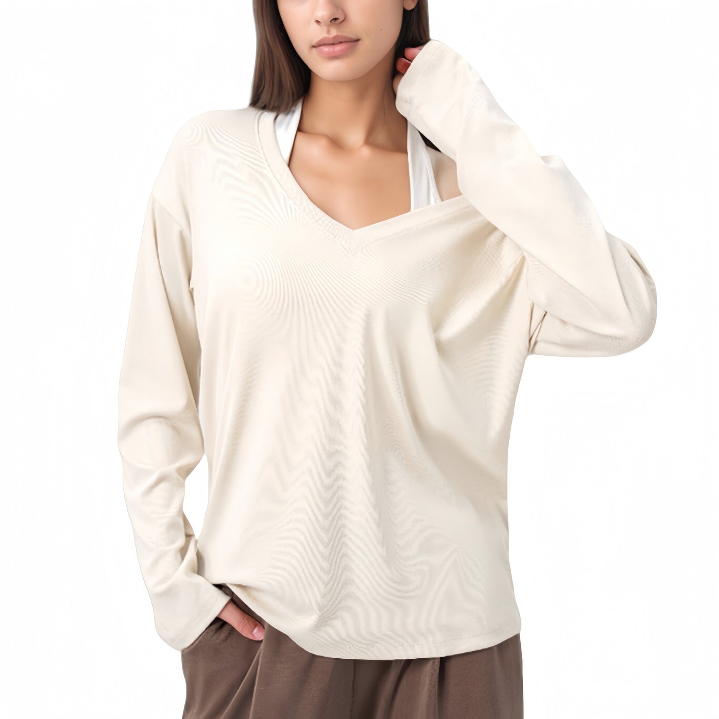 Anna-Kaci Active Women's Long Sleeve V-Neck Pullover Top with Relaxed Fit and Drop Shoulder Design