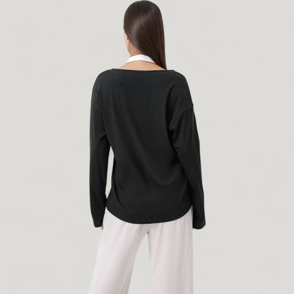 Anna-Kaci Active Women's Long Sleeve V-Neck Pullover Top with Relaxed Fit and Drop Shoulder Design