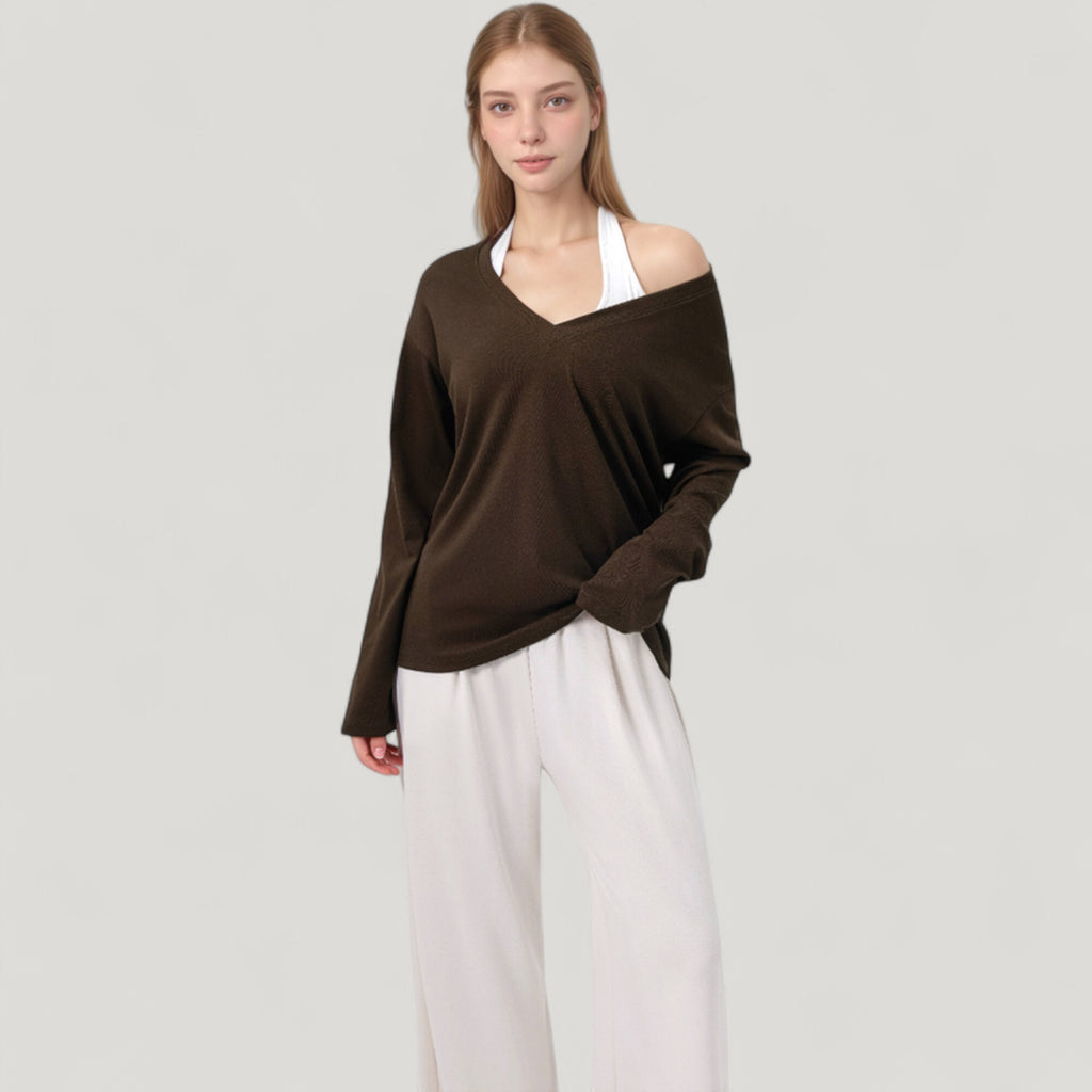 Anna-Kaci Active Women's Long Sleeve V-Neck Pullover Top with Relaxed Fit and Drop Shoulder Design