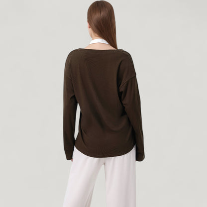 Anna-Kaci Active Women's Long Sleeve V-Neck Pullover Top with Relaxed Fit and Drop Shoulder Design