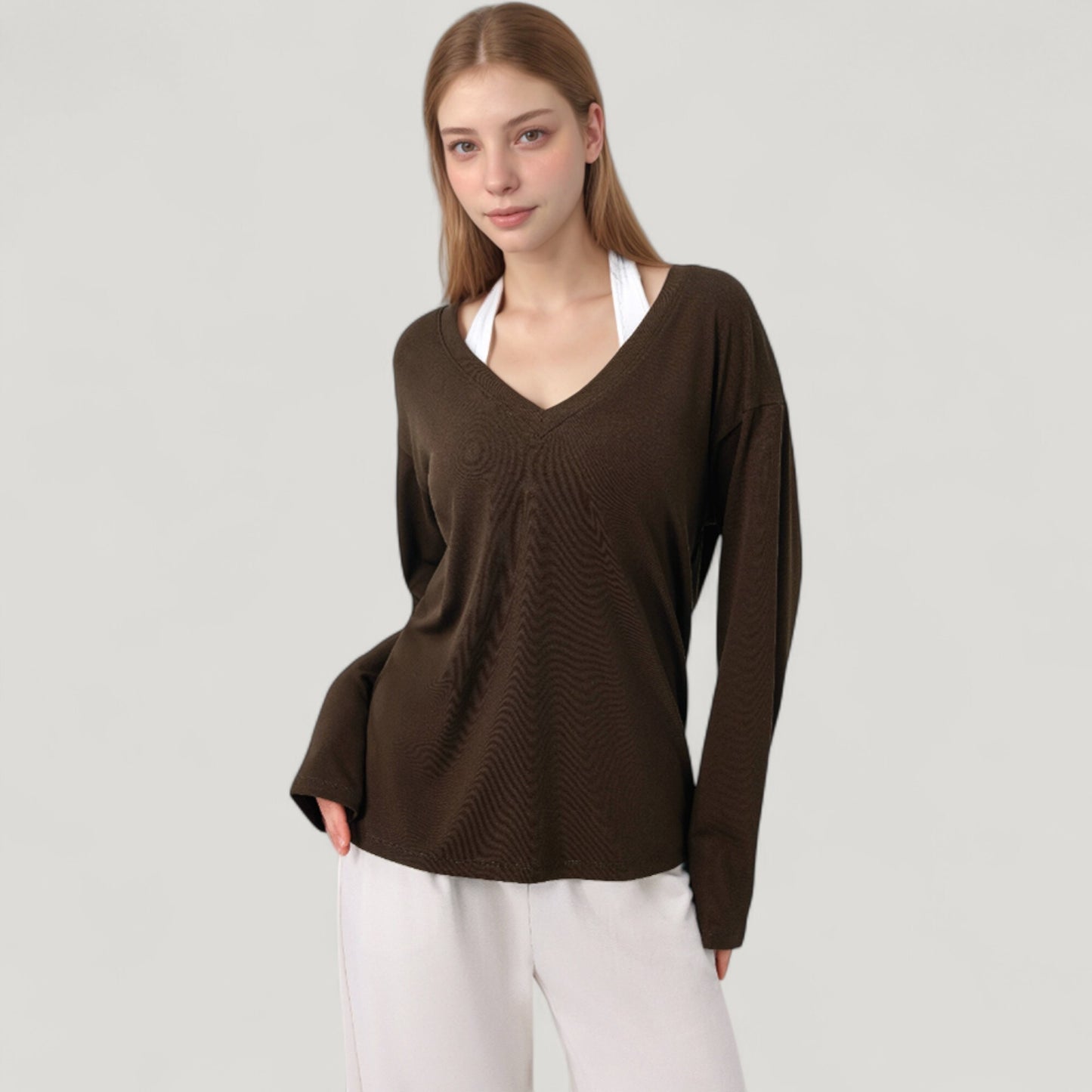 Anna-Kaci Active Women's Long Sleeve V-Neck Pullover Top with Relaxed Fit and Drop Shoulder Design