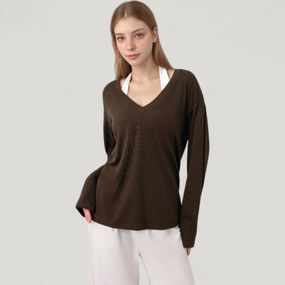 Anna-Kaci Active Women's Long Sleeve V-Neck Pullover Top with Relaxed Fit and Drop Shoulder Design