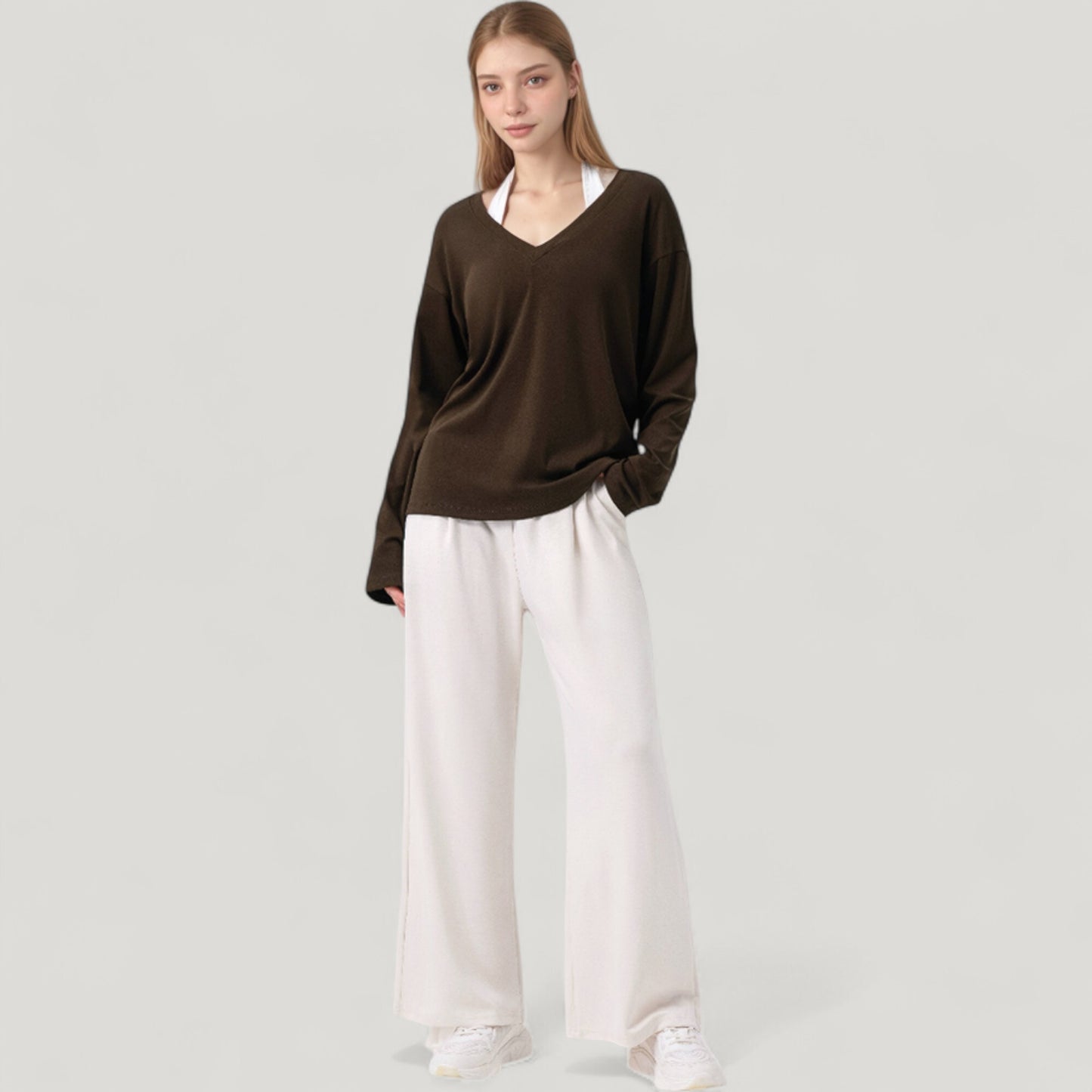 Anna-Kaci Active Women's Long Sleeve V-Neck Pullover Top with Relaxed Fit and Drop Shoulder Design