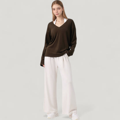 Anna-Kaci Active Women's Long Sleeve V-Neck Pullover Top with Relaxed Fit and Drop Shoulder Design