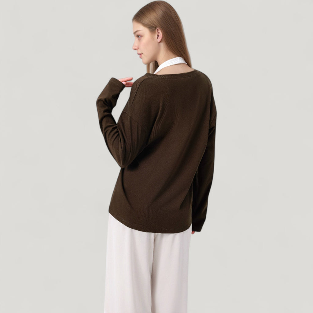 Anna-Kaci Active Women's Long Sleeve V-Neck Pullover Top with Relaxed Fit and Drop Shoulder Design
