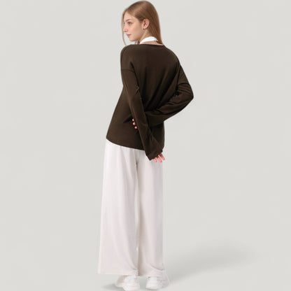 Anna-Kaci Active Women's Long Sleeve V-Neck Pullover Top with Relaxed Fit and Drop Shoulder Design
