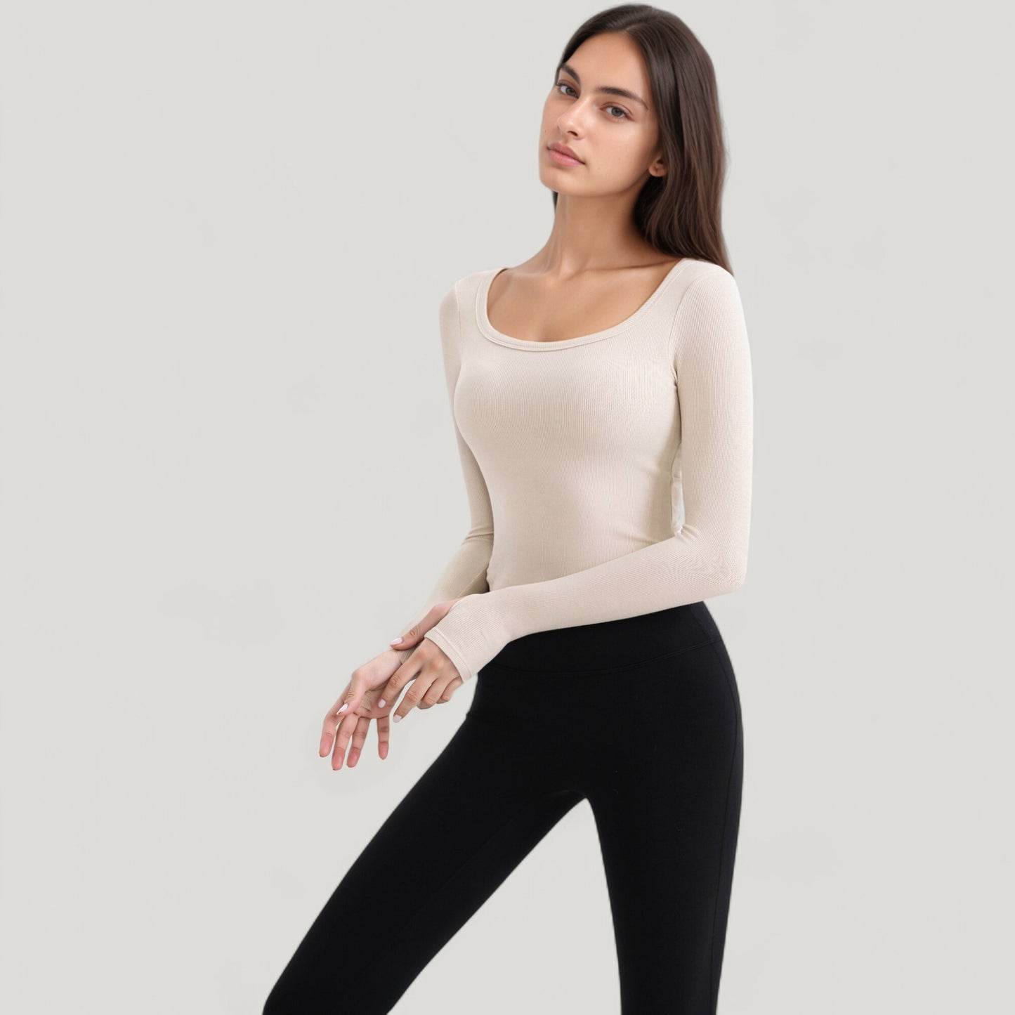 Anna-Kaci Active Women's Long Sleeve Pullover Top with Deep Scoop Neck and Fitted Stretch Design