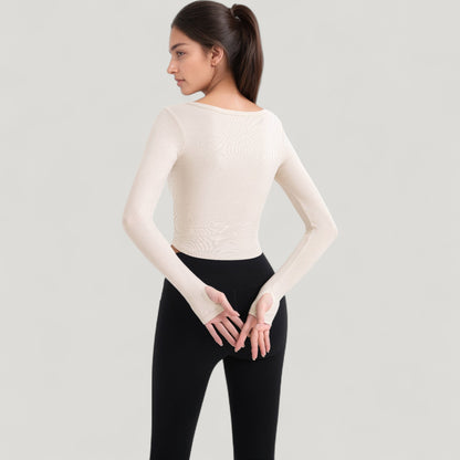 Anna-Kaci Active Women's Long Sleeve Pullover Top with Deep Scoop Neck and Fitted Stretch Design