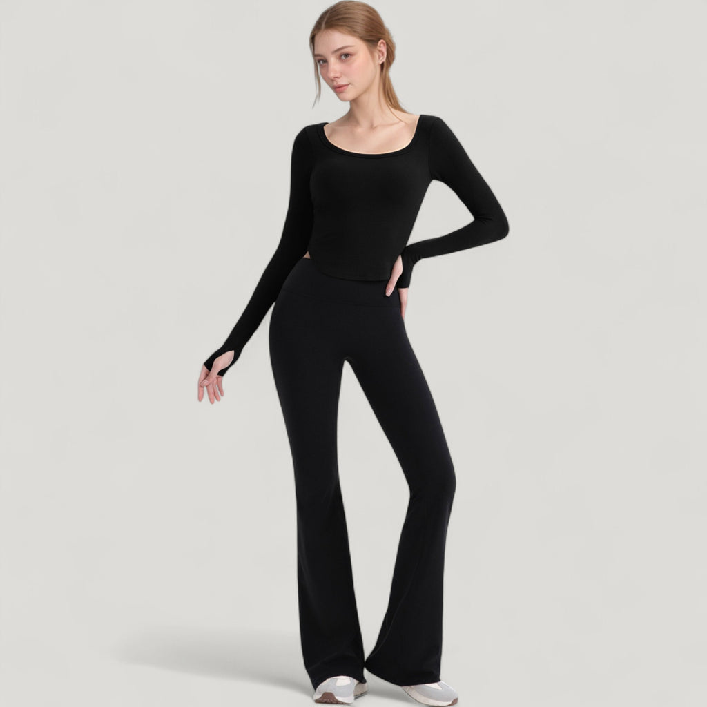 Anna-Kaci Active Women's Long Sleeve Pullover Top with Deep Scoop Neck and Fitted Stretch Design