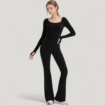Anna-Kaci Active Women's Long Sleeve Pullover Top with Deep Scoop Neck and Fitted Stretch Design