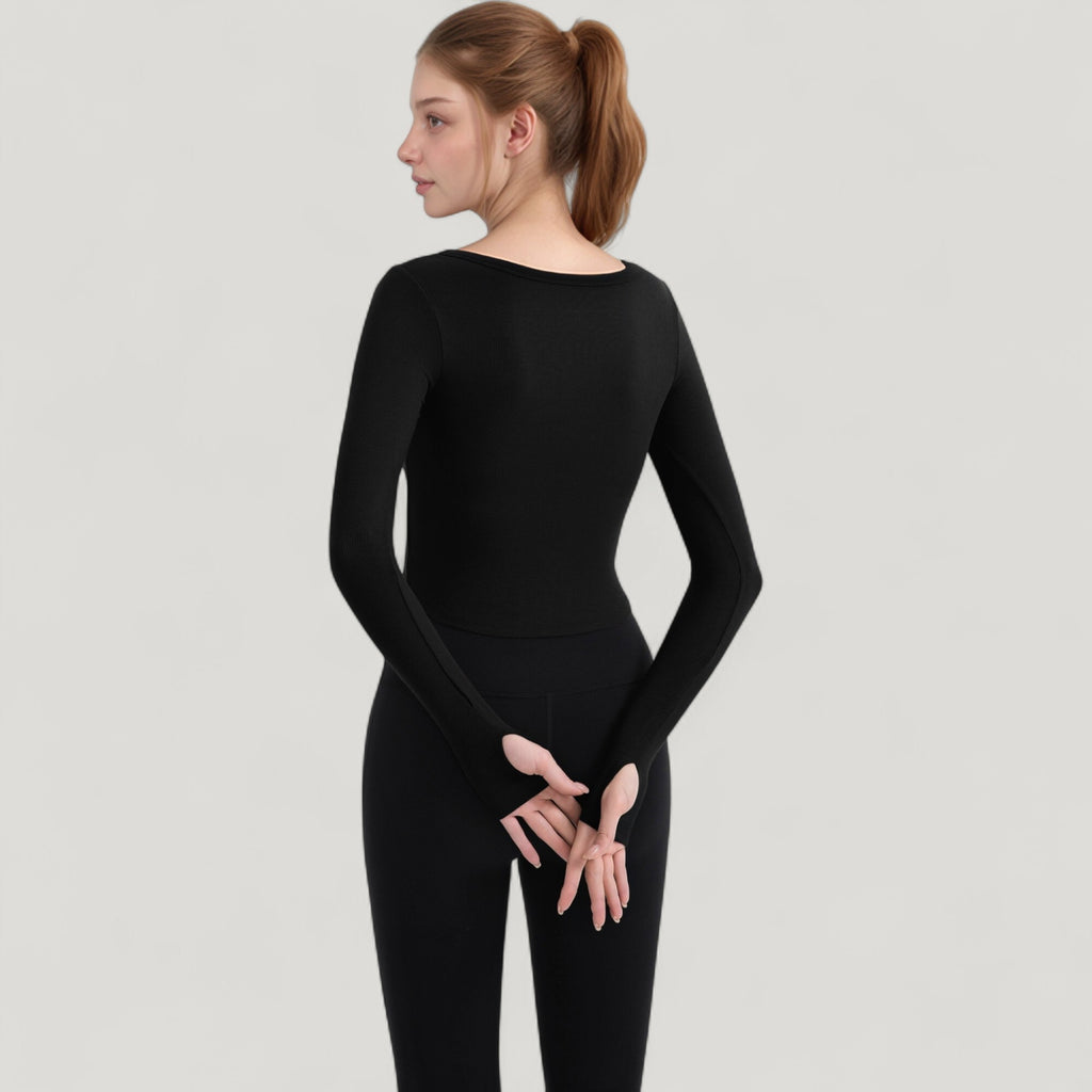 Anna-Kaci Active Women's Long Sleeve Pullover Top with Deep Scoop Neck and Fitted Stretch Design