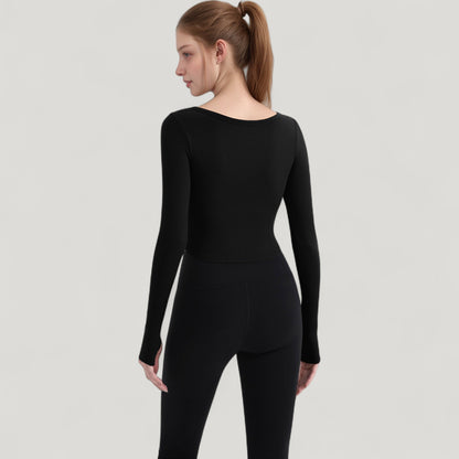 Anna-Kaci Active Women's Long Sleeve Pullover Top with Deep Scoop Neck and Fitted Stretch Design