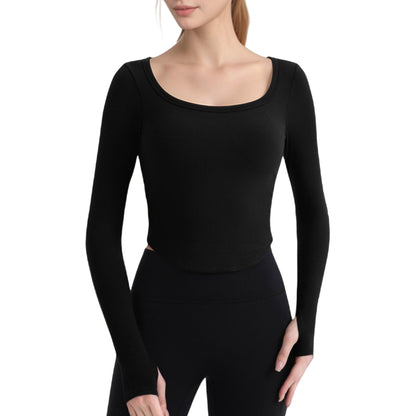 Anna-Kaci Active Women's Long Sleeve Pullover Top with Deep Scoop Neck and Fitted Stretch Design