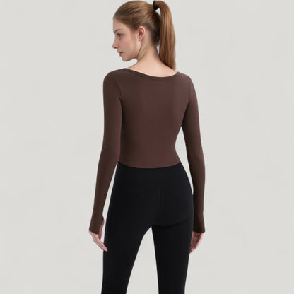 Anna-Kaci Active Women's Long Sleeve Pullover Top with Deep Scoop Neck and Fitted Stretch Design