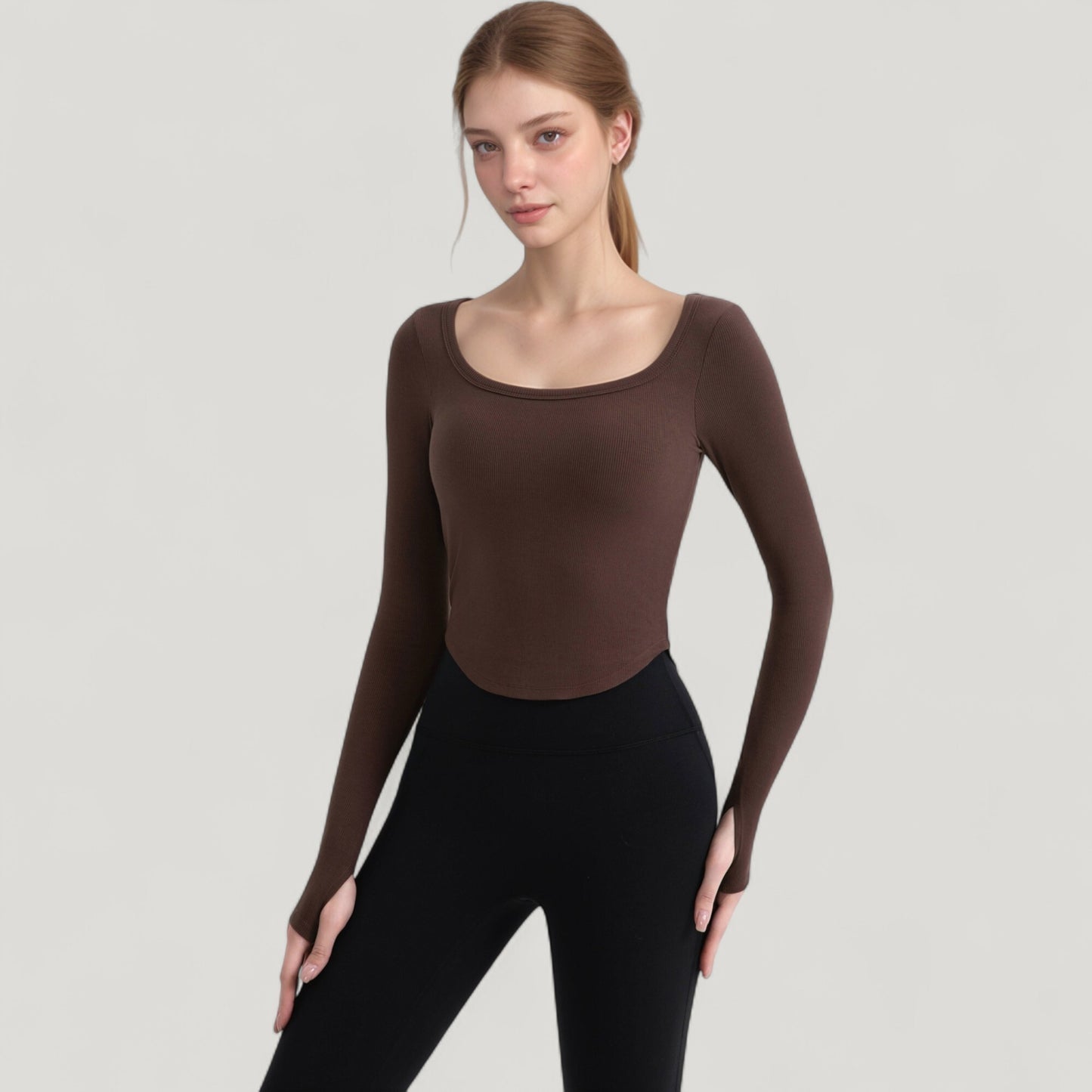 Anna-Kaci Active Women's Long Sleeve Pullover Top with Deep Scoop Neck and Fitted Stretch Design