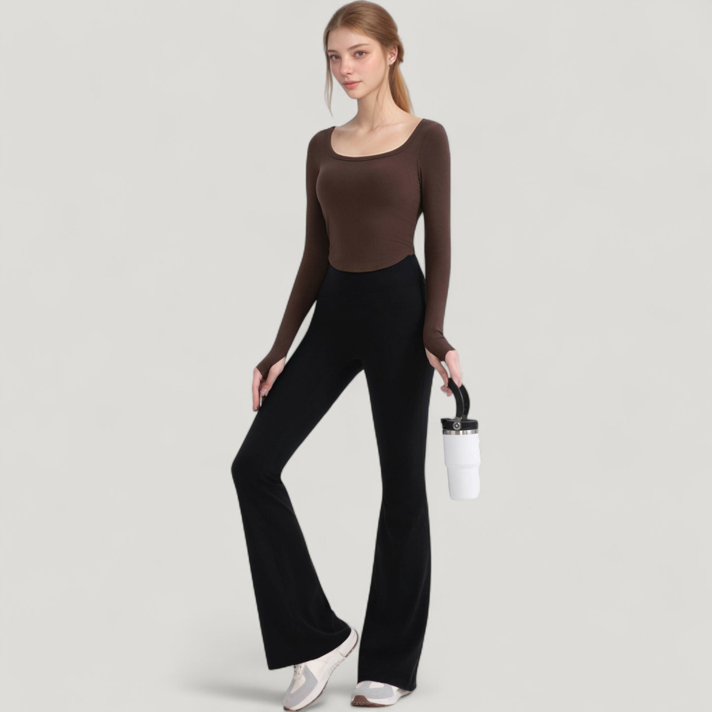 Anna-Kaci Active Women's Long Sleeve Pullover Top with Deep Scoop Neck and Fitted Stretch Design