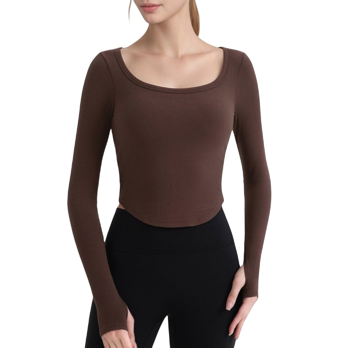 Anna-Kaci Active Women's Long Sleeve Pullover Top with Deep Scoop Neck and Fitted Stretch Design