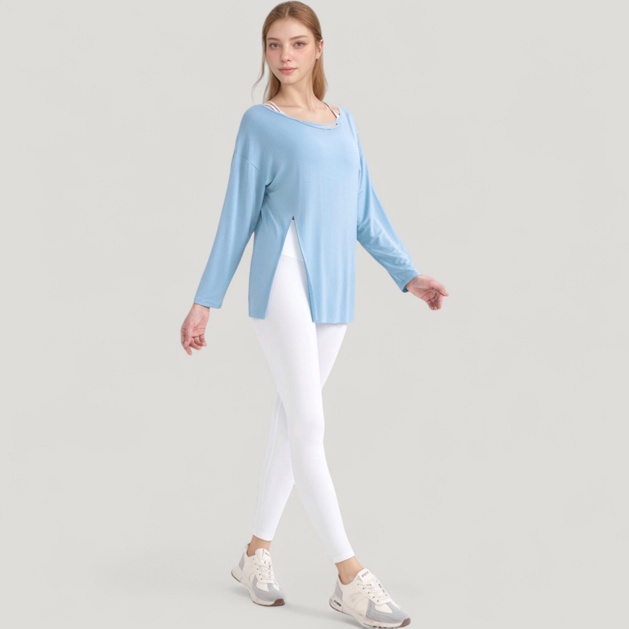 Anna-Kaci Active Women's Long Sleeve Pullover Top with Cutout Scoop Neck and Side Slit Hem