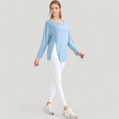 Anna-Kaci Active Women's Long Sleeve Pullover Top with Cutout Scoop Neck and Side Slit Hem