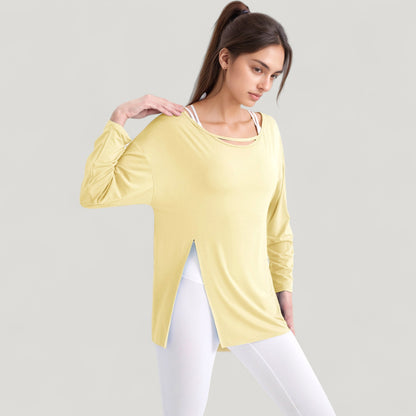 Anna-Kaci Active Women's Long Sleeve Pullover Top with Cutout Scoop Neck and Side Slit Hem