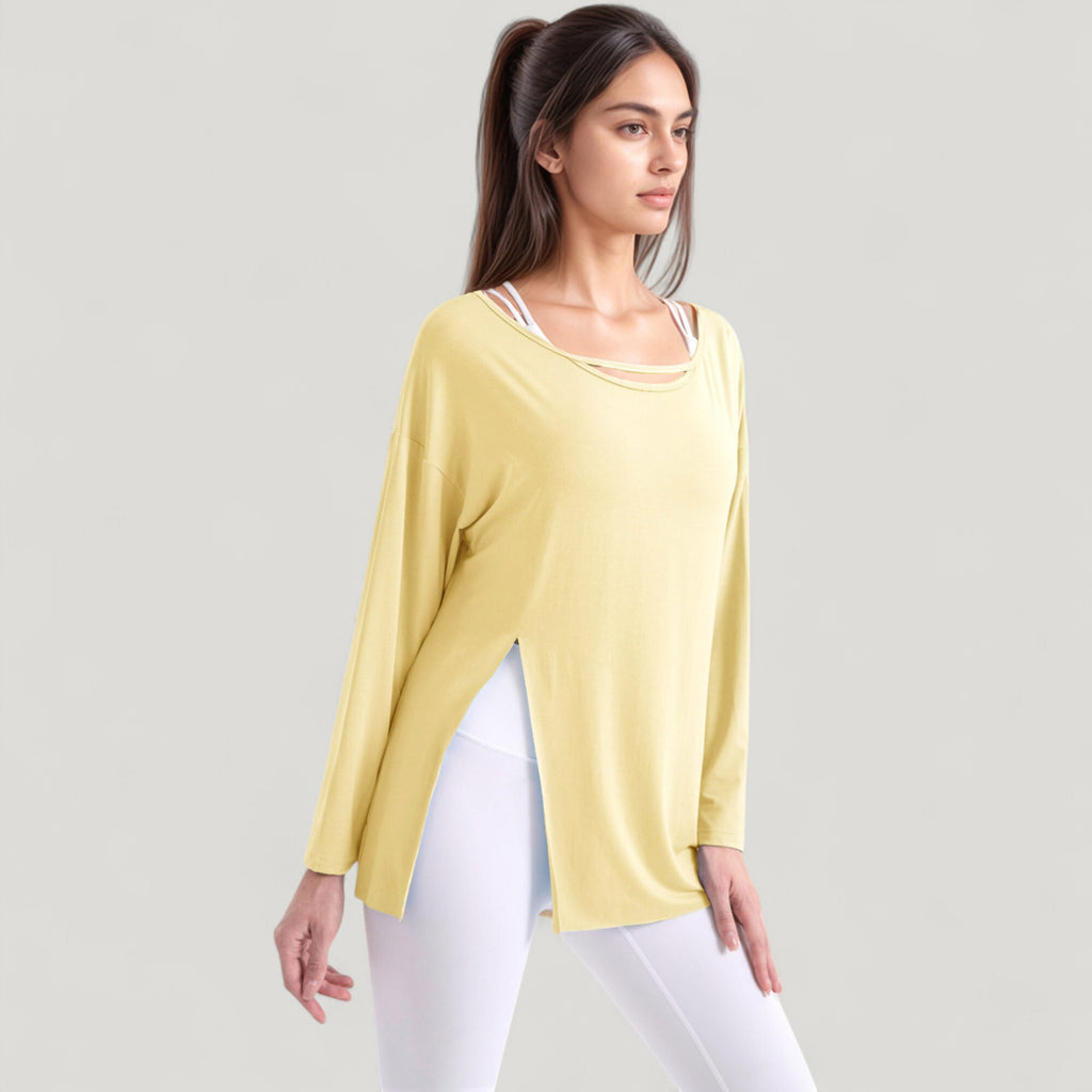 Anna-Kaci Active Women's Long Sleeve Pullover Top with Cutout Scoop Neck and Side Slit Hem