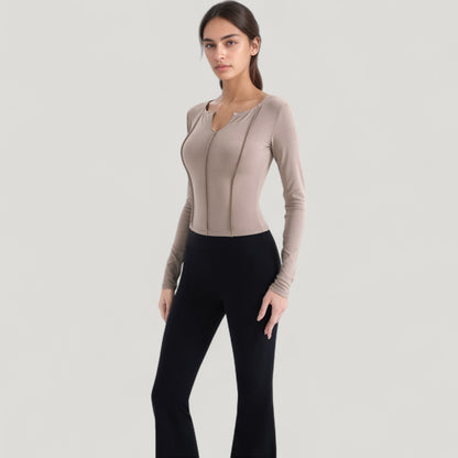 Anna-Kaci Active Women's Long Sleeve Fitted Athletic Top with Notch Neckline and Contoured Seams