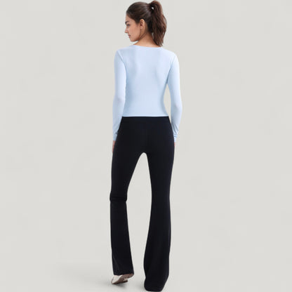 Anna-Kaci Active Women's Long Sleeve Fitted Athletic Top with Notch Neckline and Contoured Seams