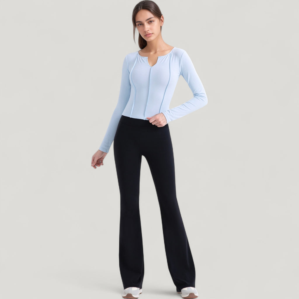 Anna-Kaci Active Women's Long Sleeve Fitted Athletic Top with Notch Neckline and Contoured Seams