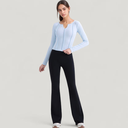 Anna-Kaci Active Women's Long Sleeve Fitted Athletic Top with Notch Neckline and Contoured Seams