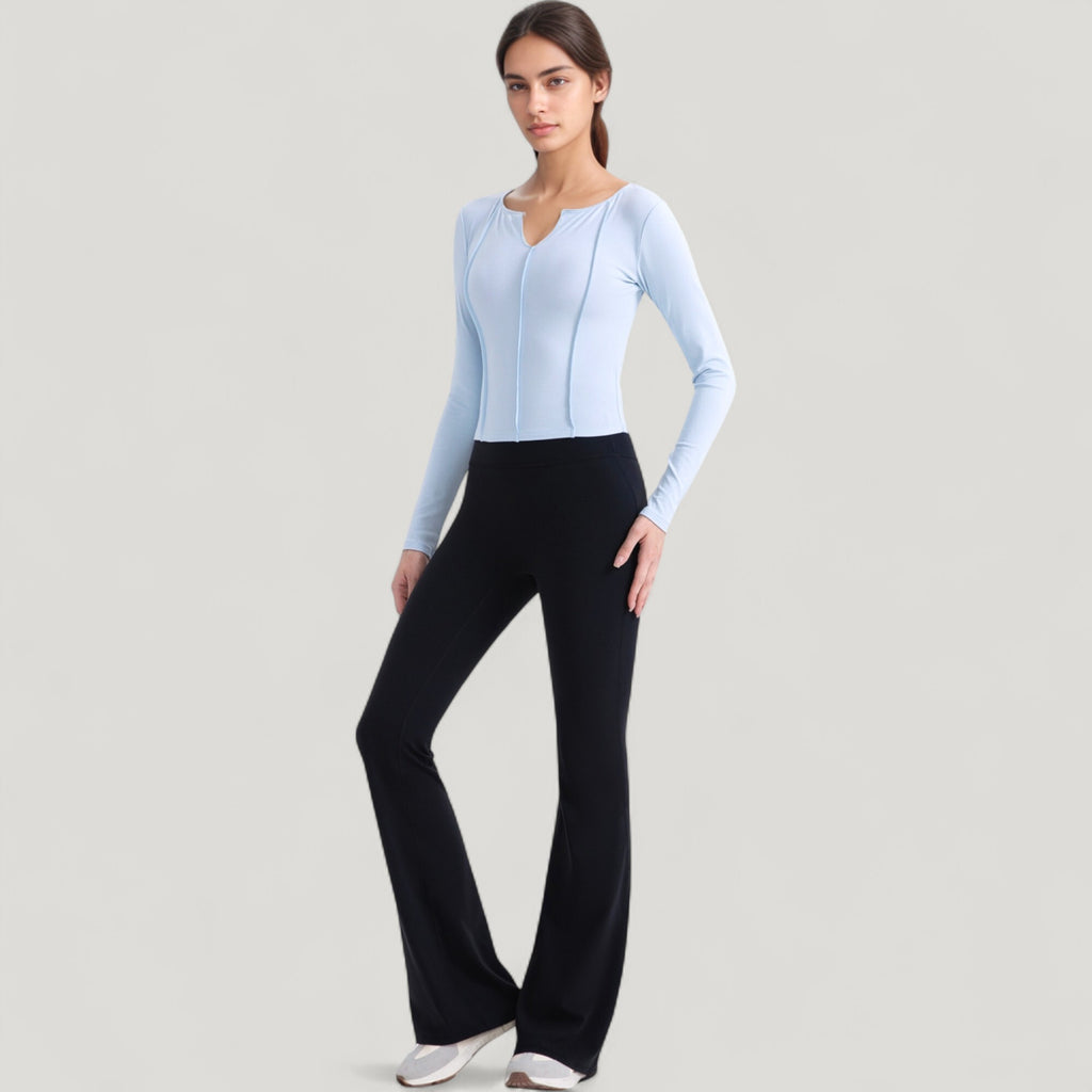 Anna-Kaci Active Women's Long Sleeve Fitted Athletic Top with Notch Neckline and Contoured Seams