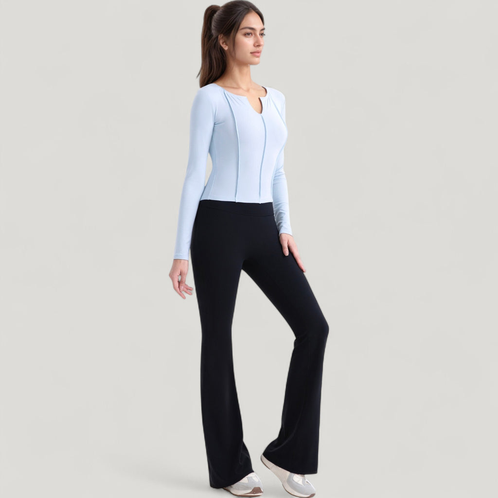 Anna-Kaci Active Women's Long Sleeve Fitted Athletic Top with Notch Neckline and Contoured Seams