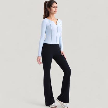 Anna-Kaci Active Women's Long Sleeve Fitted Athletic Top with Notch Neckline and Contoured Seams