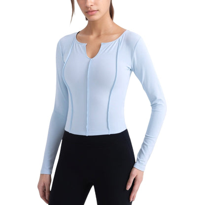 Anna-Kaci Active Women's Long Sleeve Fitted Athletic Top with Notch Neckline and Contoured Seams